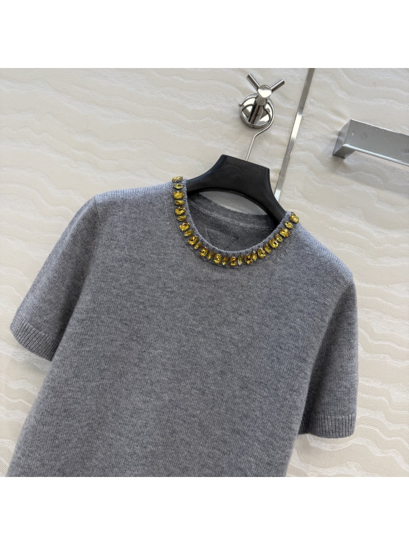Prada Cashmere Short-Sleeve Sweater in Grey with Hand-Set Crystal Neckline