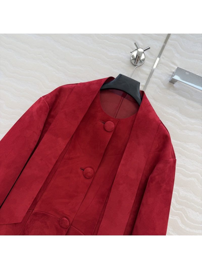 Prada Exclusive Suede Leather Jacket in Bold Red – Handcrafted Imported Lamb Suede, Drop Shoulder, Timeless A-Line Cut