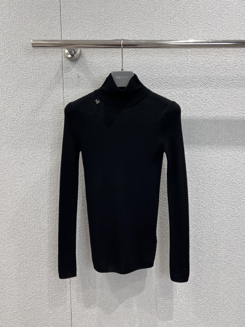Prada Black Slim-Fit Wool Knit Turtleneck Top with Signature Triangle Plaque, Elevated, Black Slim-Fit Turtleneck