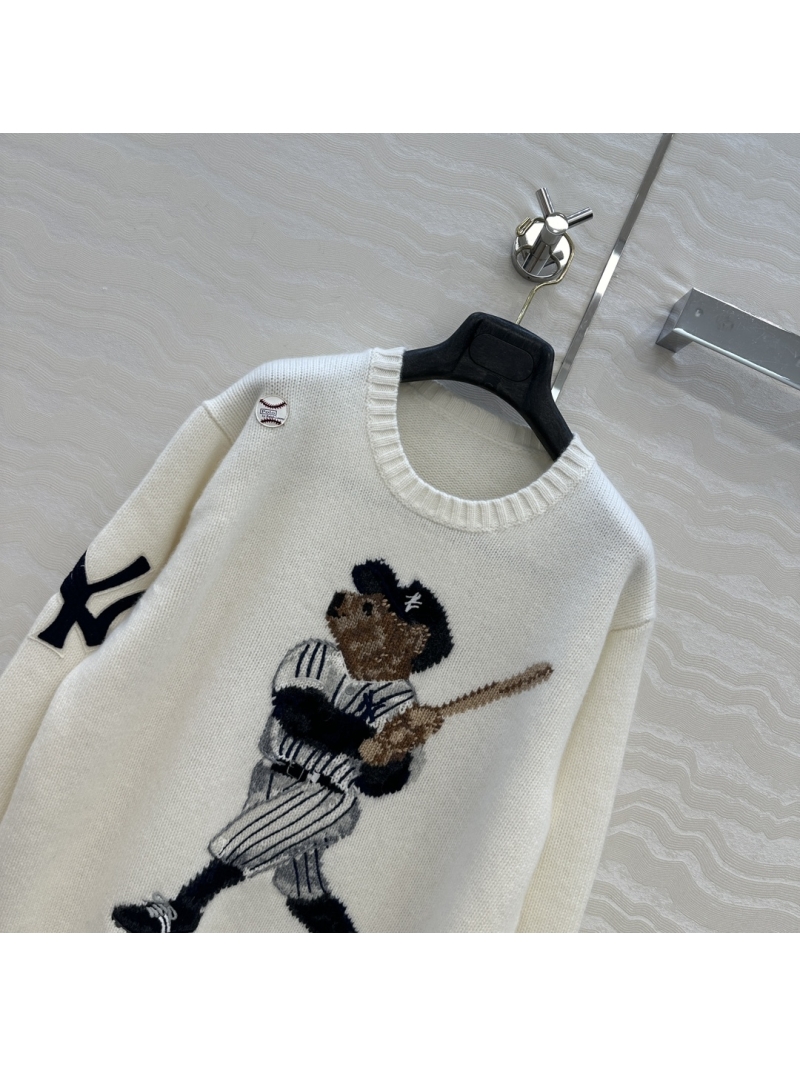 Ralph Lauren Opulent 100% Imported Wool Polo Bear Baseball Sweater - Korean Collaboration, Artisan Intarsia Knit in Cream