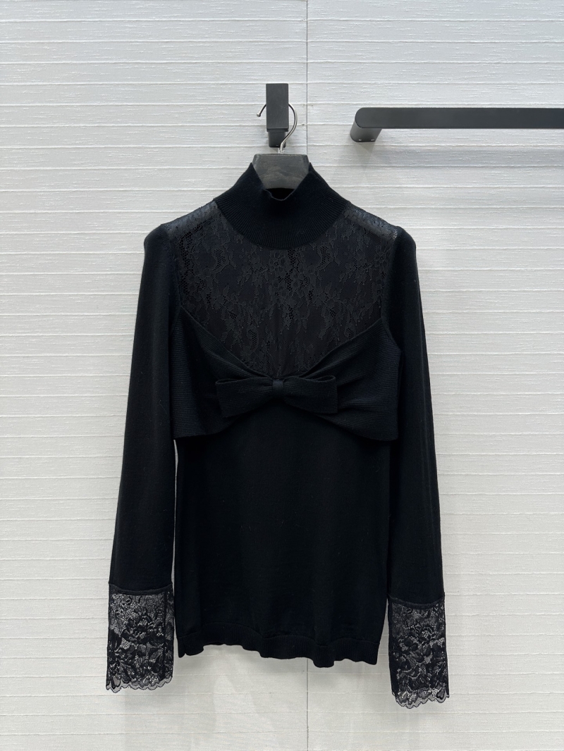 Valentino Black Wool Lace-Trimmed Bow Knit Sweater