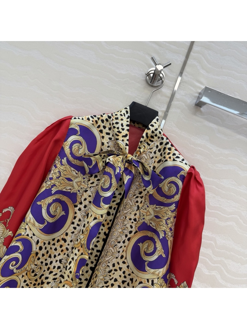 Versace Opulent Baroque Leopard 100% Silk Twill Pussy-Bow Blouse