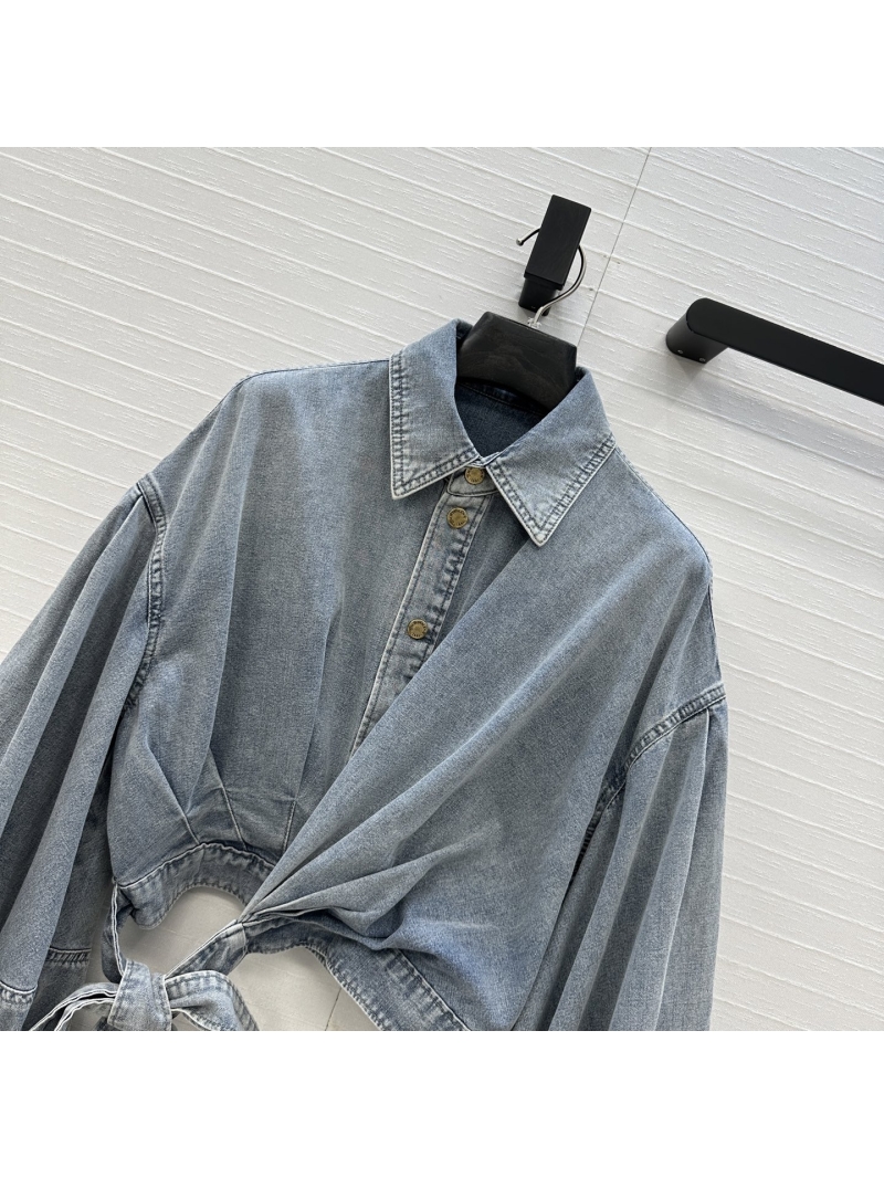 Zimmermann Ruched Wrap Denim Shirt – Cropped Puffed Sleeve Blouse in Soft Washed Grey