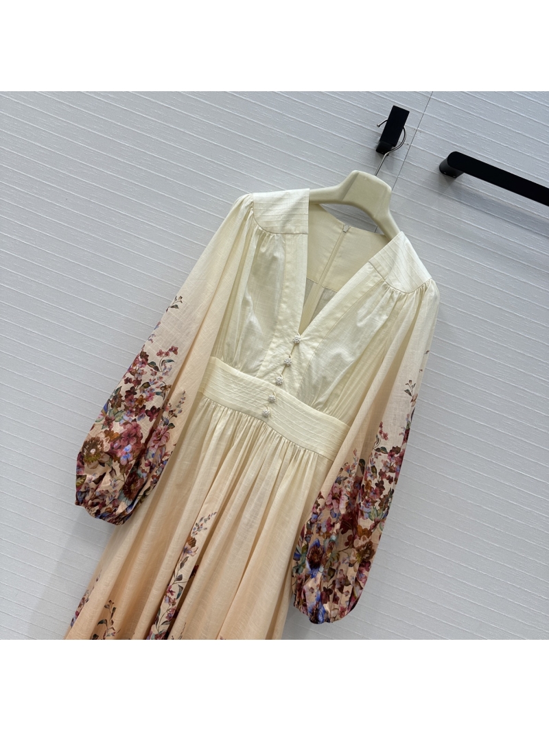 Zimmermann Ivory Cotton Floral Print Maxi Dress | Deep V-Neck, Puffed Sleeves