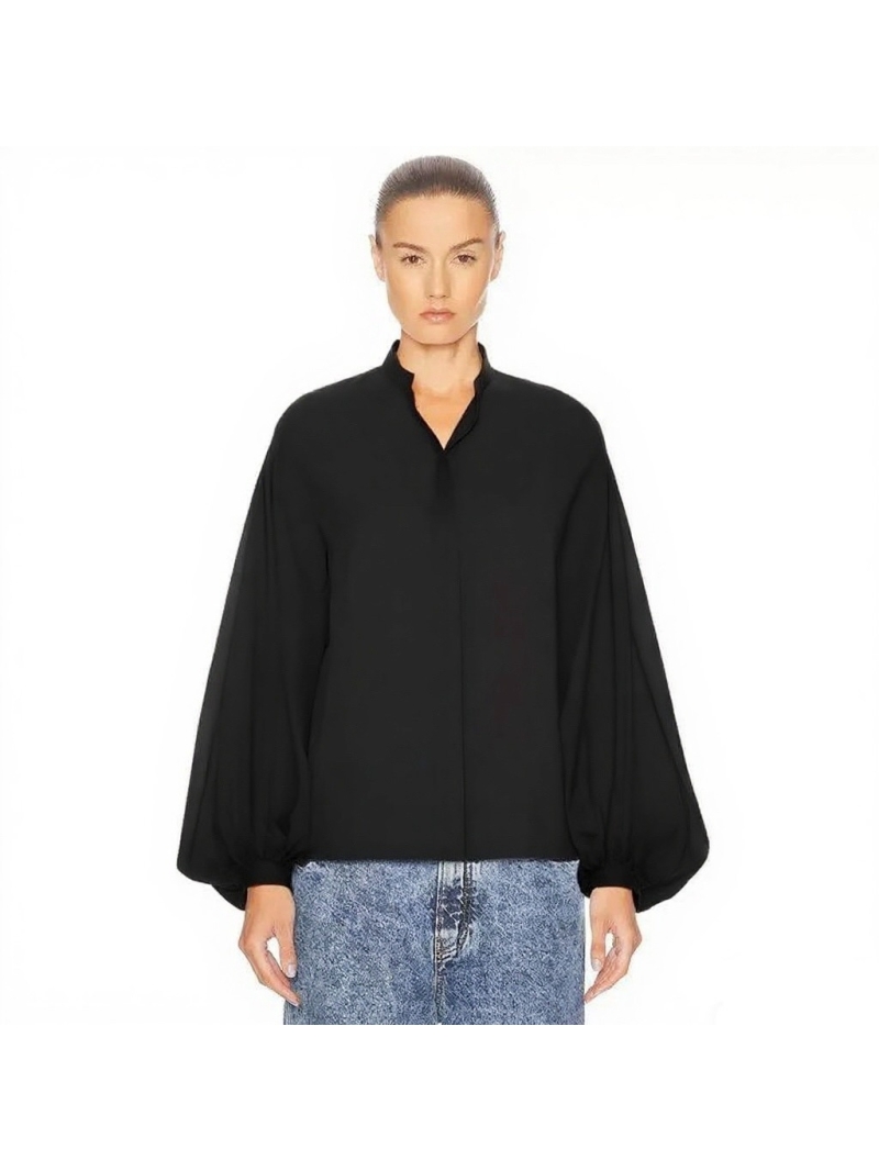 Alaia Early Autumn Stand-Collar Bubble Sleeve Blouse | Imported Cotton Poplin | Architectural H-Line Silhouette