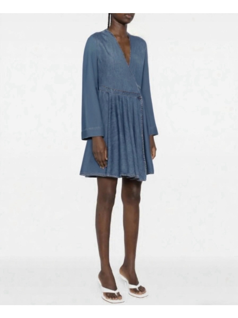 Alaia Washed Denim Deep V-Neck Asymmetrical Wrap Dress - Tailored, Cinched Waist & Couture Detail