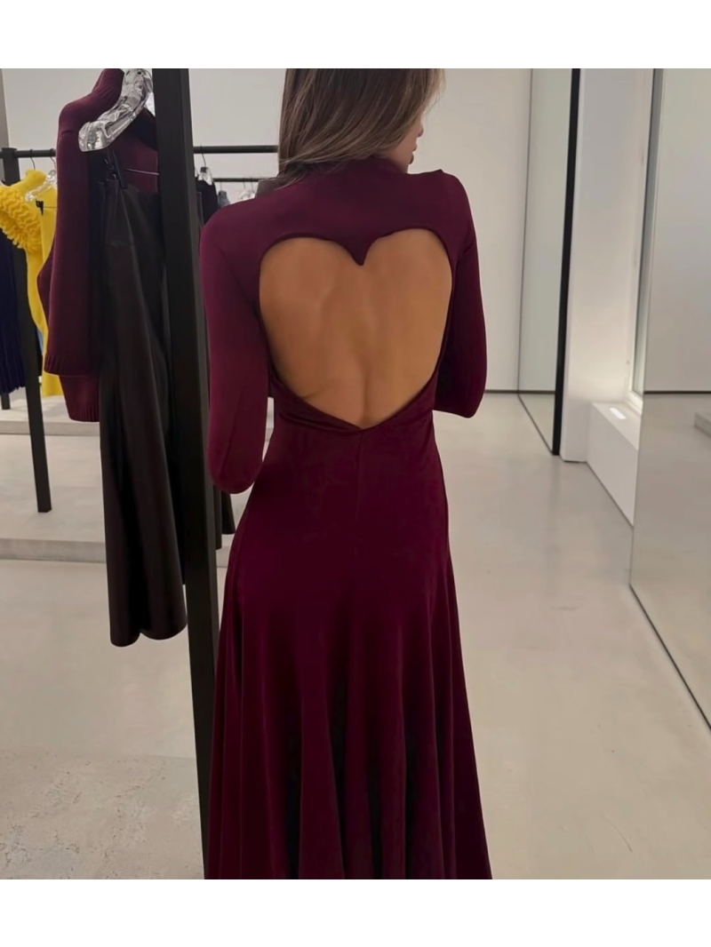 Alaia Grape Purple Heart-Back Long Dress | High-Elasticity Knit | Elegant & Figure-Flattering