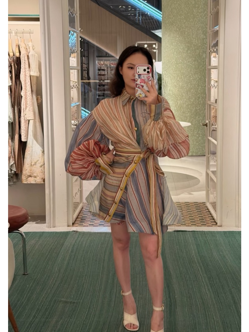 Zimmermann Silk Linen Blend Multicolored Striped Patchwork Dress, Lantern Sleeves, Asymmetrical Pleating