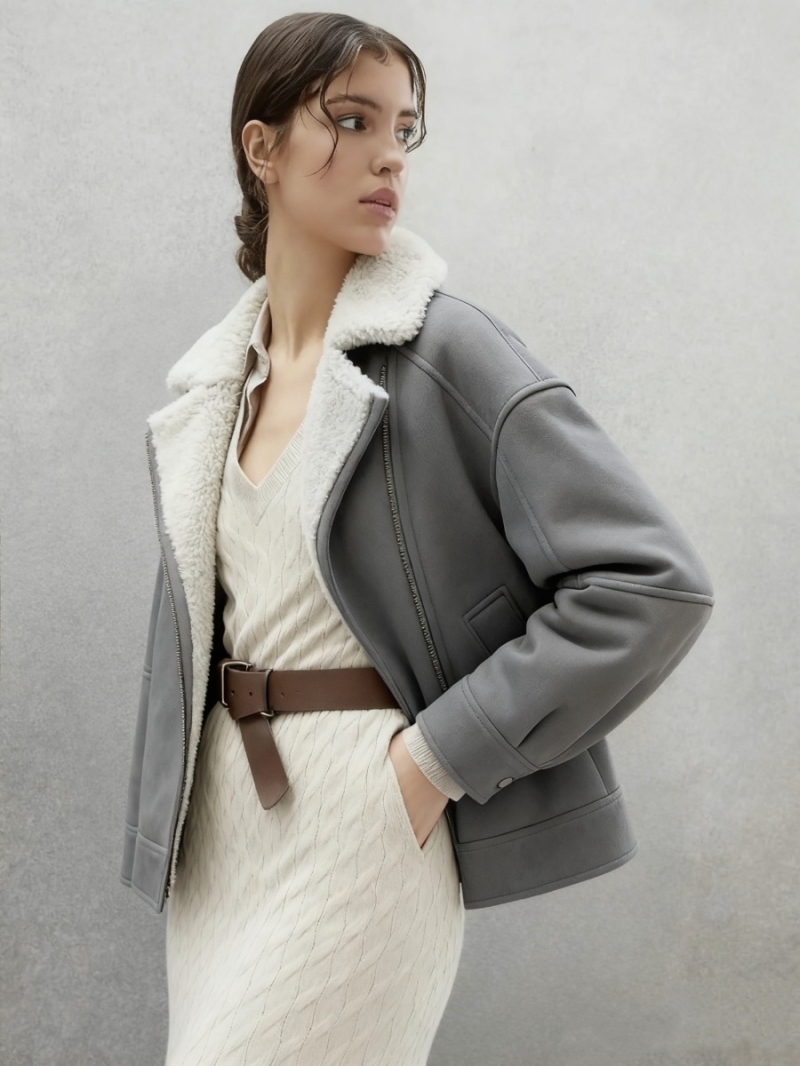 Brunello Cucinelli Gray Turkish Shearling and Suede Aviator Jacket