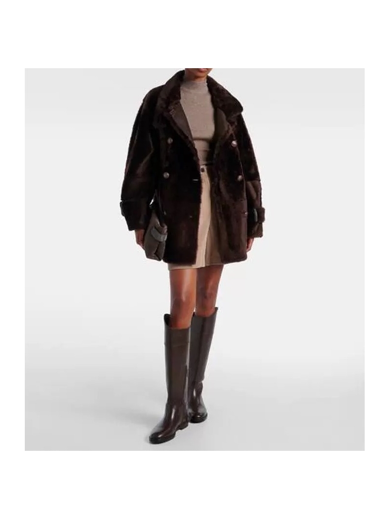 Brunello Cucinelli Australian Merino Shearling Double-Breasted Coat - Deep Chocolate
