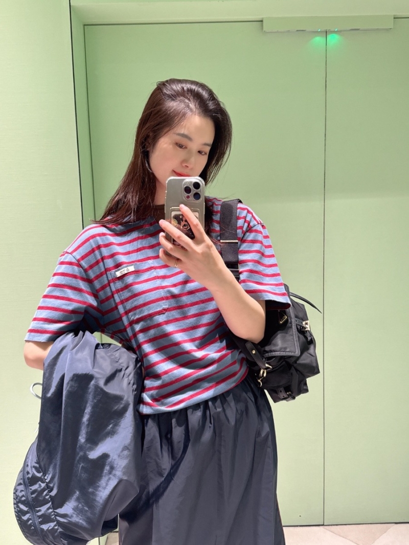 Prada Elevated Striped Cotton T-Shirt | Oversized Fit, Signature Logo Pocket in Dusty Blue and Maroon