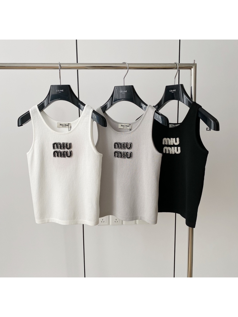 MiuMiu 24 Early Spring High-Craft Beaded Tank Top in Monochrome White