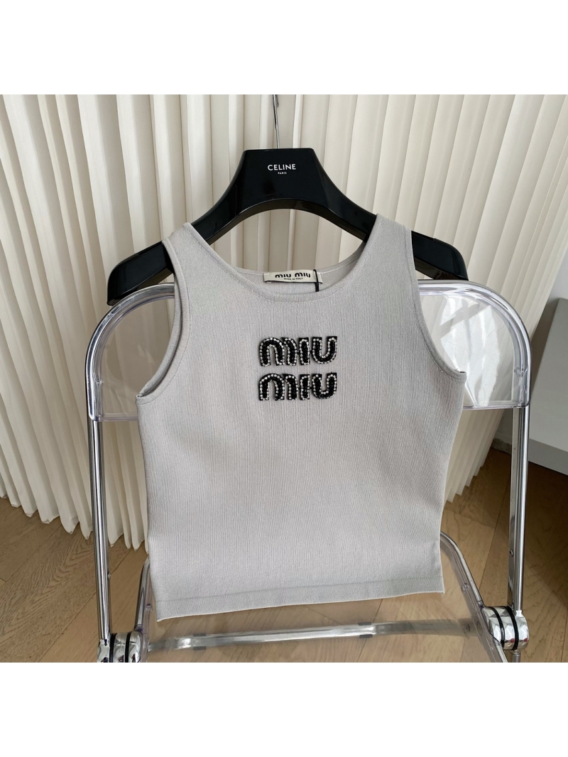 MiuMiu 24 Early Spring High-Craft Beaded Tank Top in Monochrome Grey