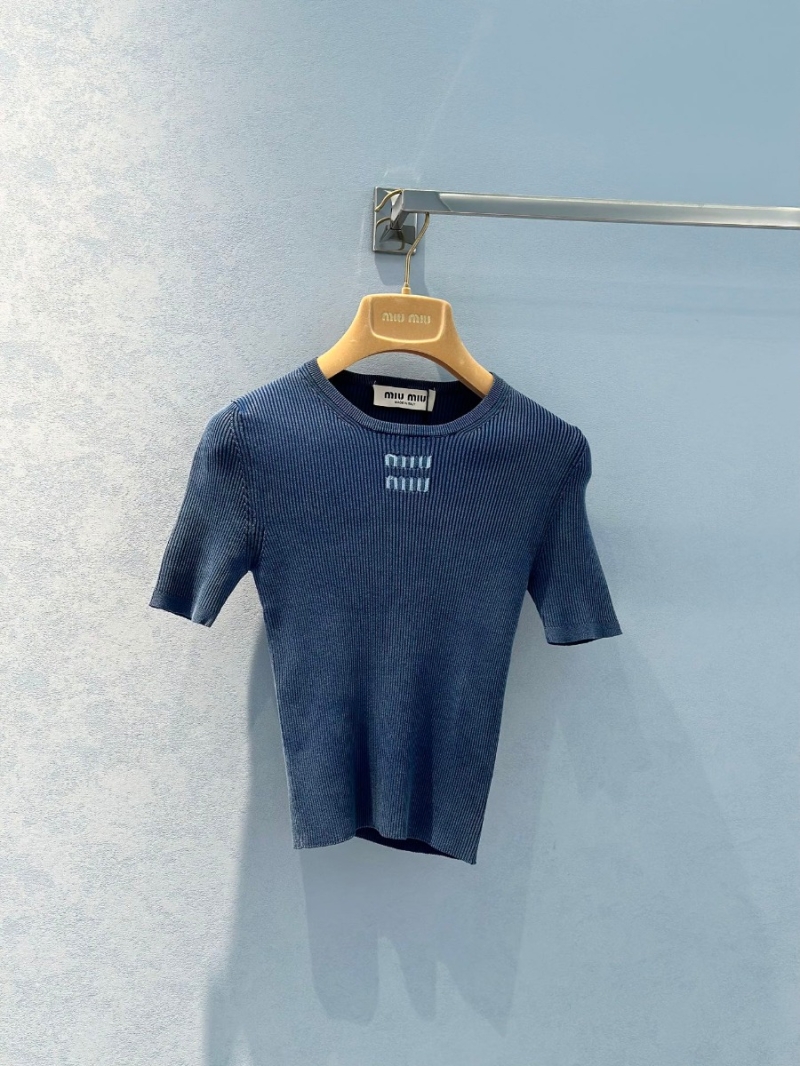 Miu Miu 24 FW Early Autumn Collection Vintage Washed Blue Elastic Short Sleeve Top