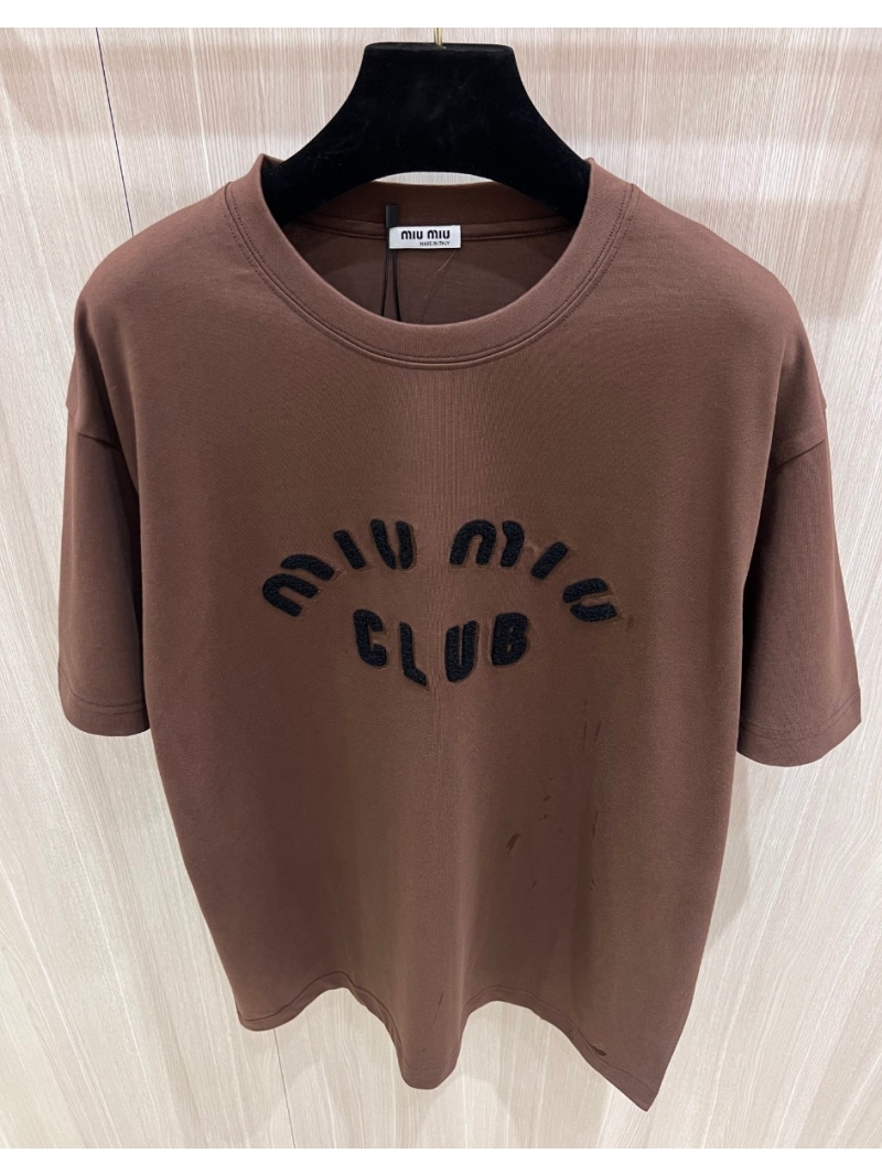 MIU MIU Club Embroidered Unisex Cotton T-Shirt in Coffee