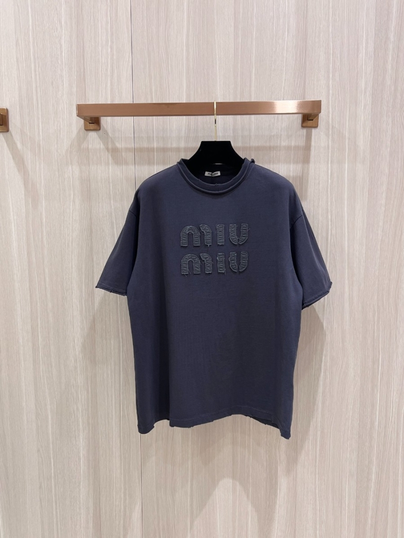 Miu Miu Embroidered Slogan Cotton Tee T-Shirt