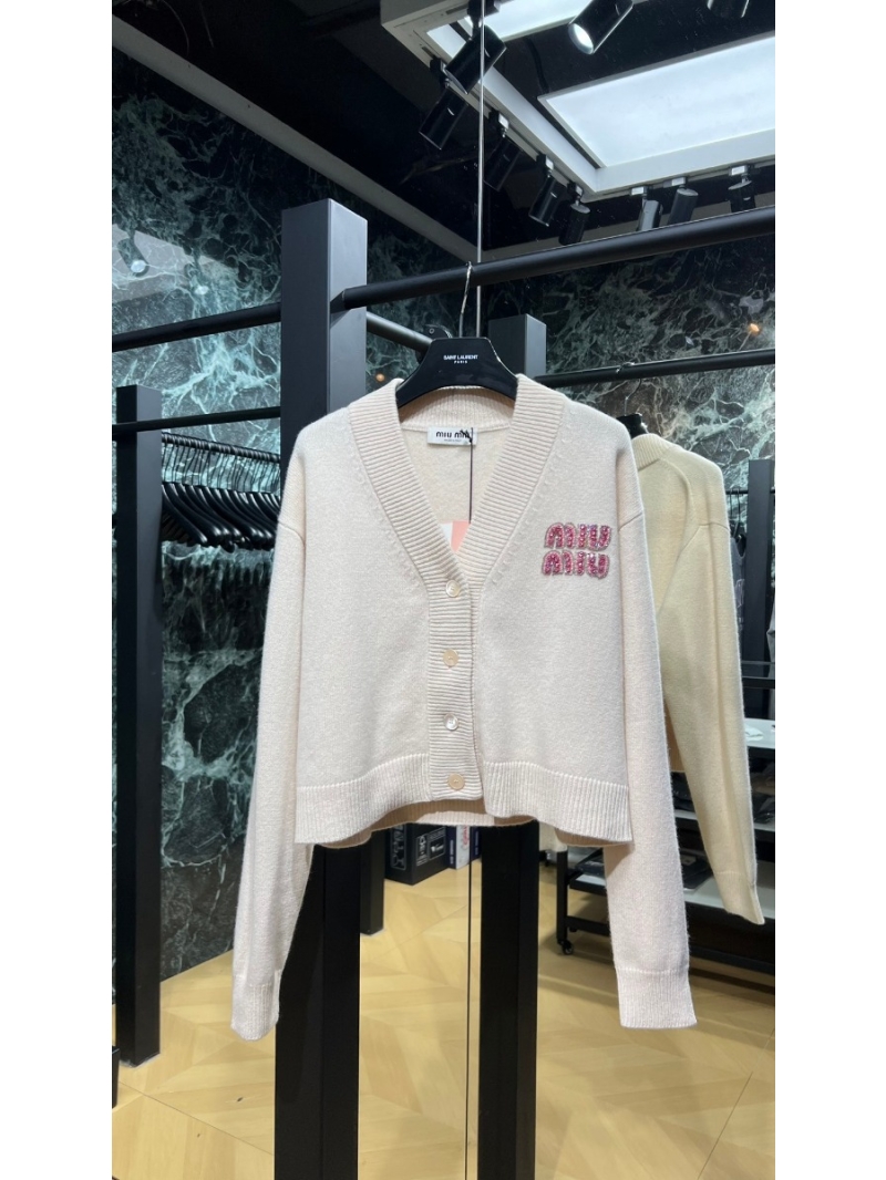 Miu Miu 24 Early Spring Hand-Beaded Letter V-Neck Cardigan in Cream Apricot