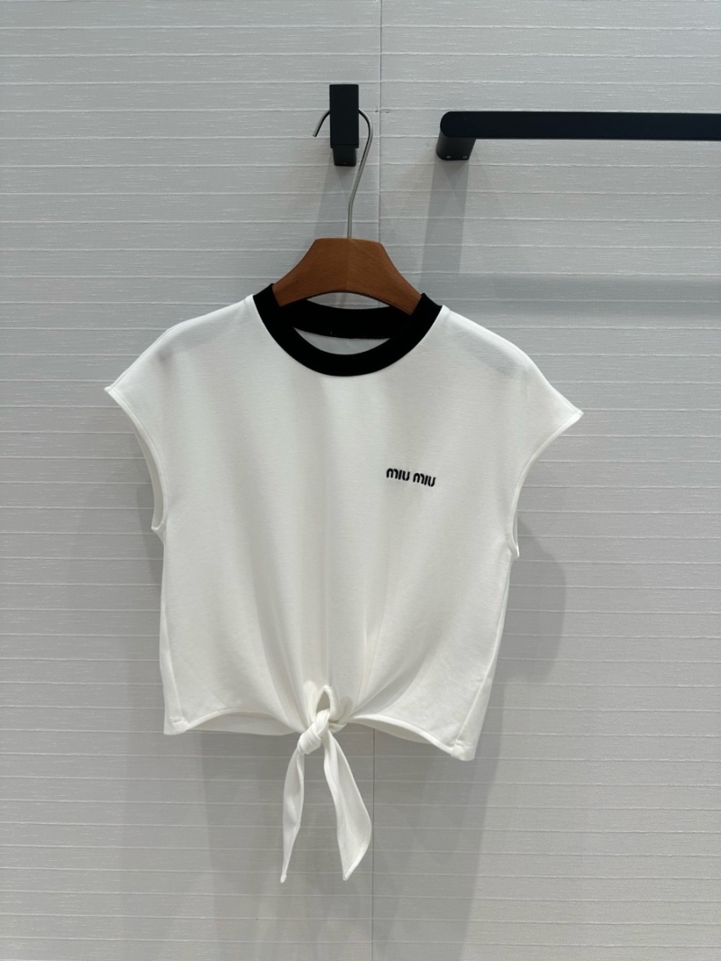 Miu Miu Spring/Summer 2024 Set: Contrasting Collar Shoulder Sleeve Tie Top and Elastic Waist A-Line Skirt White