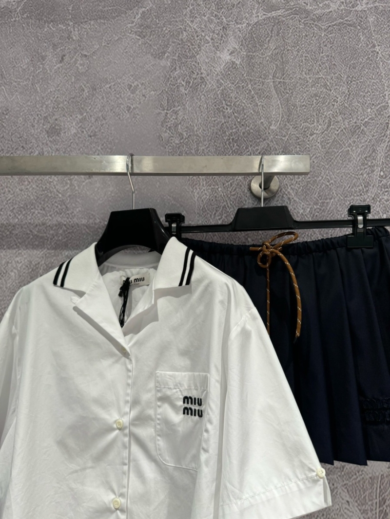 Miu Miu Contrast Ribbon Trim Short Sleeve Shirt