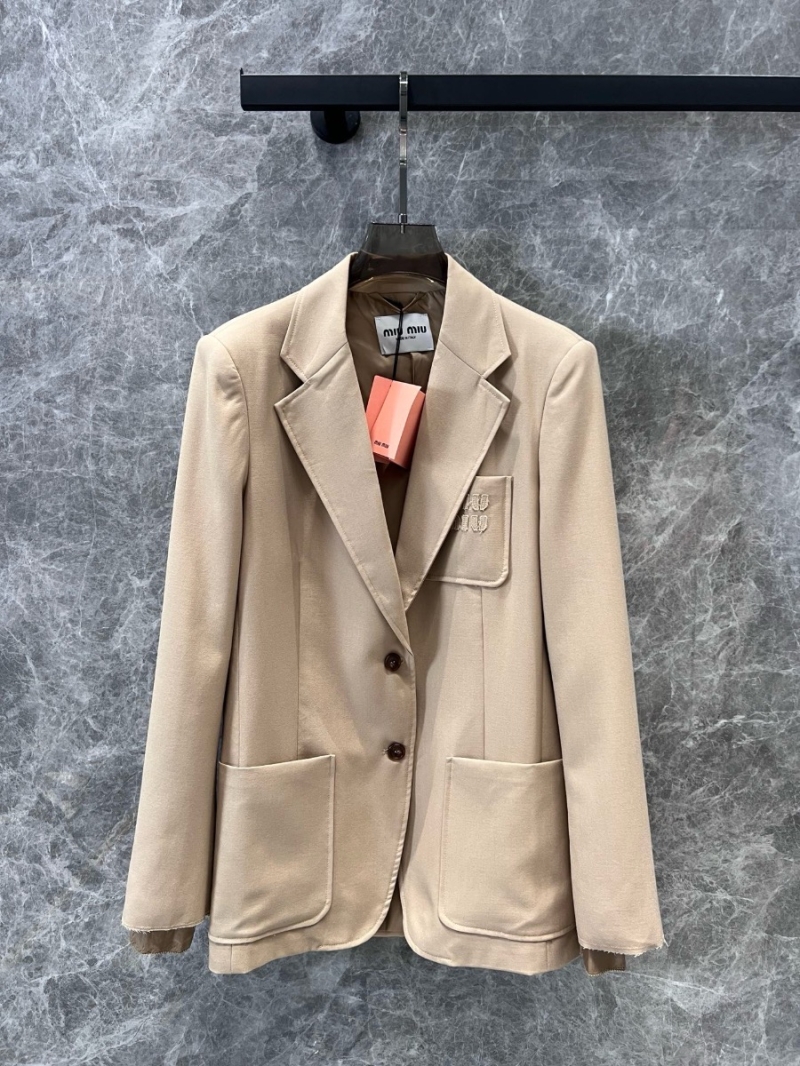 Miu Miu 2024 Early Autumn Khaki Logo Emblem Academy Style Mohair Wool Blend Blazer