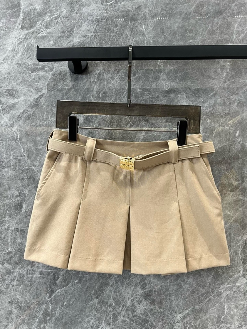 Miu Miu 2024 Early Autumn Khaki Logo Emblem Academy Style Mohair Wool Blend Pleated Skirt