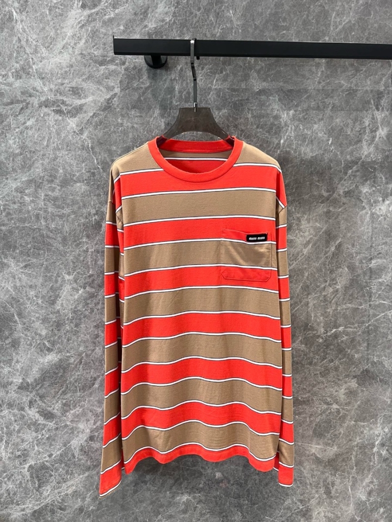 Miu Miu 2024 Early Autumn Logo Emblem Color-Blocked Stripe Crewneck Long-Sleeve T-Shirt