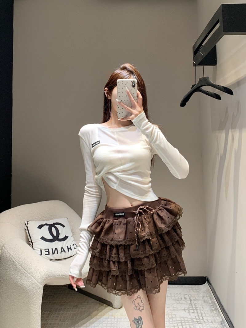 Miu Miu 24 FW Early Autumn Lace Trim Layered Ruffle Skirt - Brown
