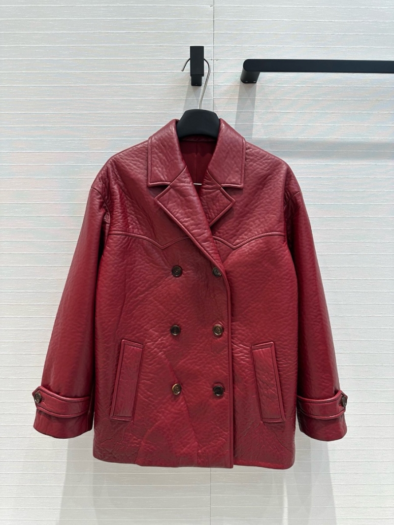 Miu Miu Double-Breasted Lambskin Leather Jacket Wine
