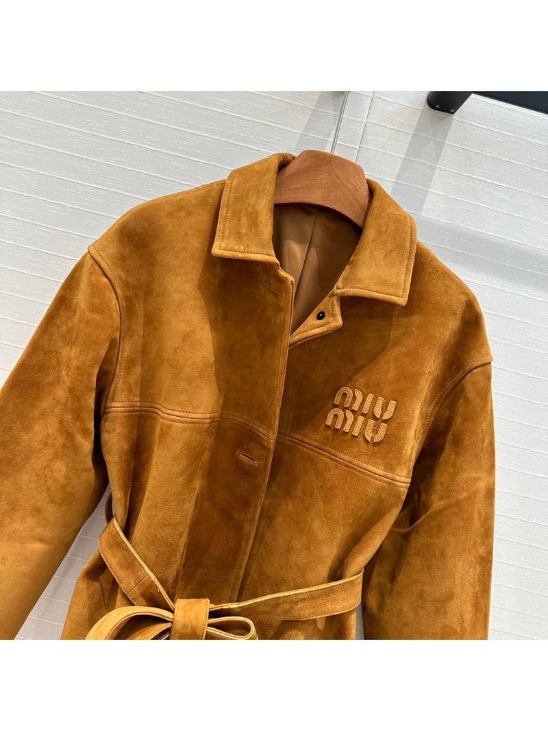 Miu Miu Belted Turn-Down Collar Shirt-Style Suede Leather Jacket Gold Brown