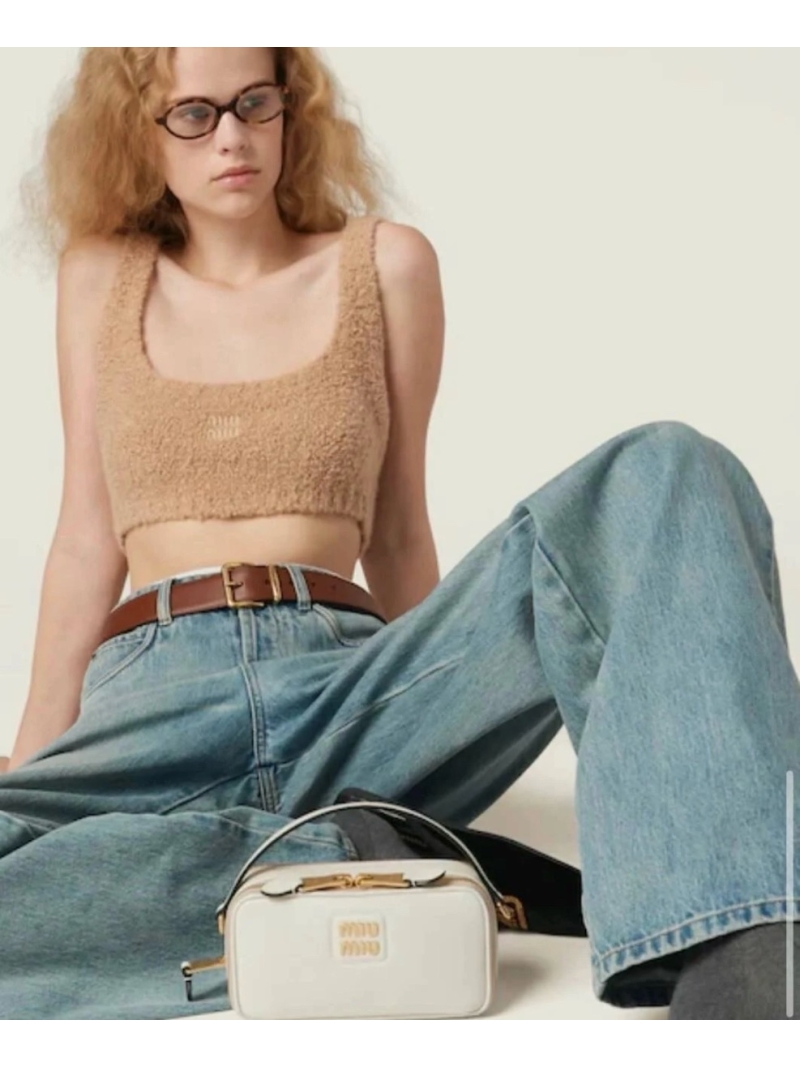 Miu Miu Wool Embroidered Logo Knit Vest Natural Beige