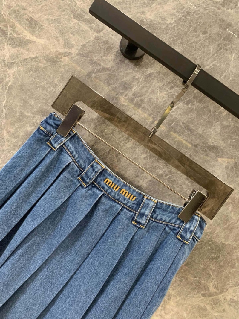 Miu Miu 24Fw Early Autumn New Vintage Blue Soft Denim Low-Waist Pleated Skirt