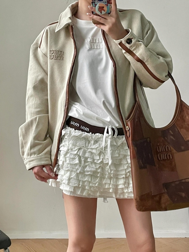 MiuMiu 24SS Embossed Canvas Patchwork Leather Vintage Jacket