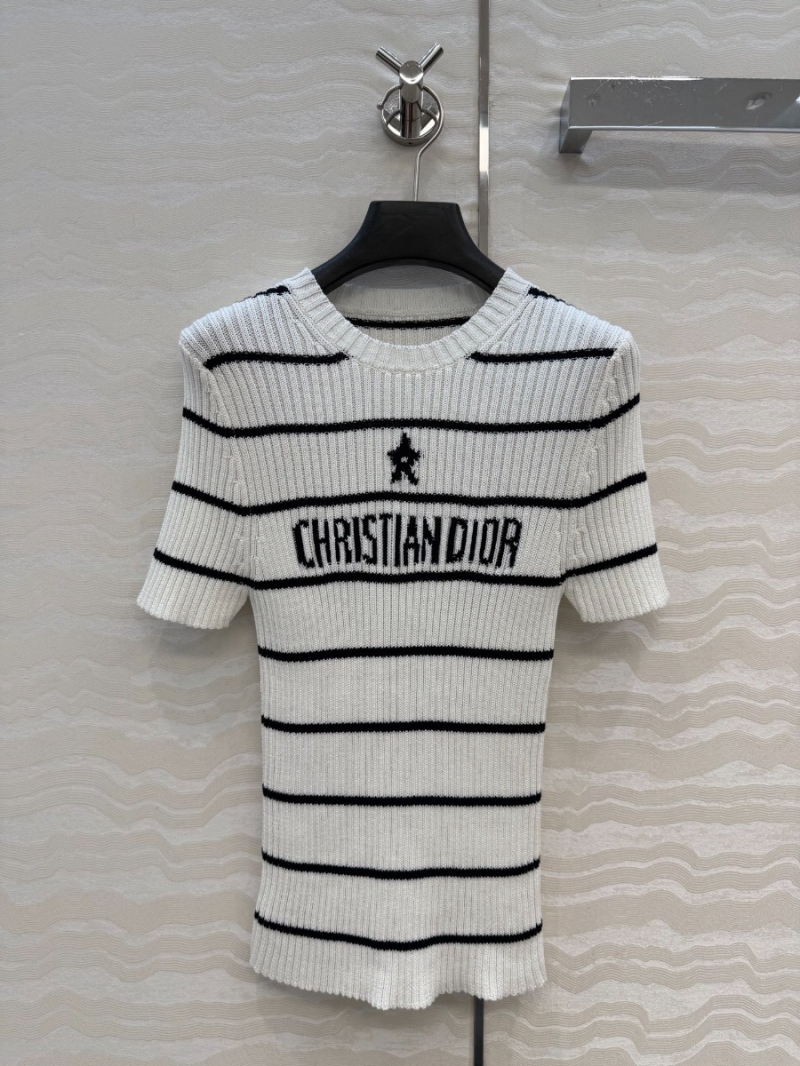 Christian Dior Short-Sleeve Ribbed Knit Sweater | Black & White Striped, Star Logo, Fitted Cropped Silhouette, 100% Cotton