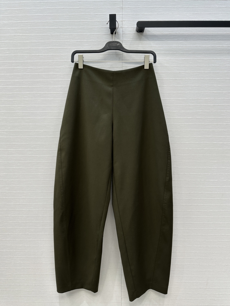 Alaia Imported Fabric Olive Green Curved Wide-Leg Pants – Sculpted Twisted Seams, Elongating Fit, Modern Luxury Trousers