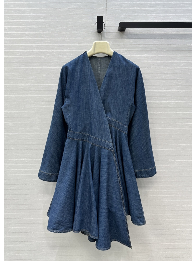 Alaia Washed Denim Deep V-Neck Asymmetrical Wrap Dress - Tailored, Cinched Waist & Couture Detail