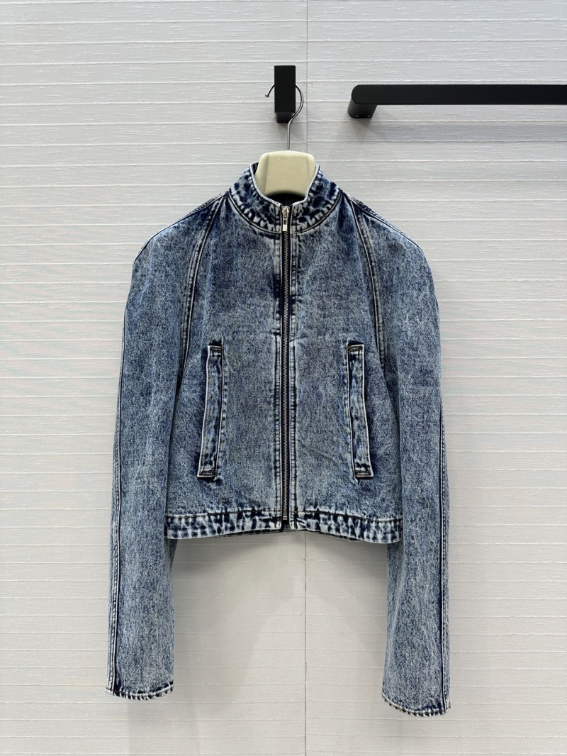 Alaia Snow-Wash Denim Biker Jacket Featuring Structural Raglan Sleeves and Stand-Up Collar - Blue