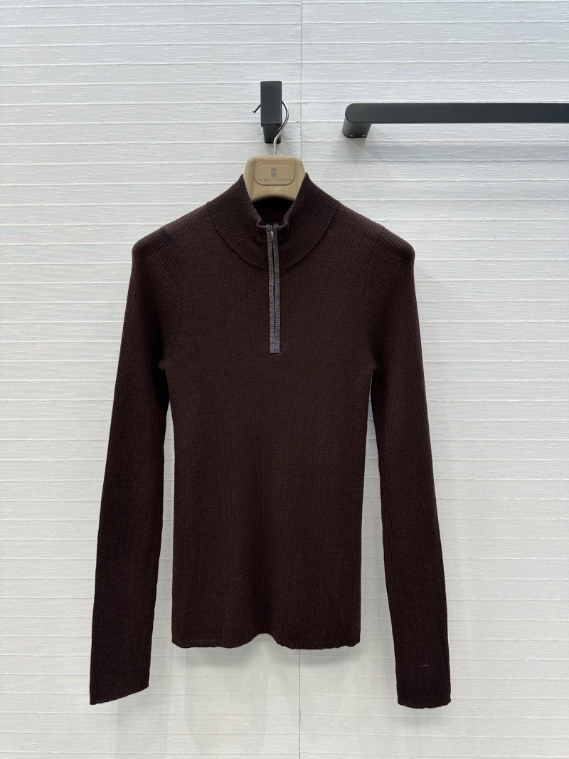 Brunello Cucinelli Cashmere Blend Half-Zip Turtleneck Sweater in Chocolate Brown - Slim Fit Luxury Knit