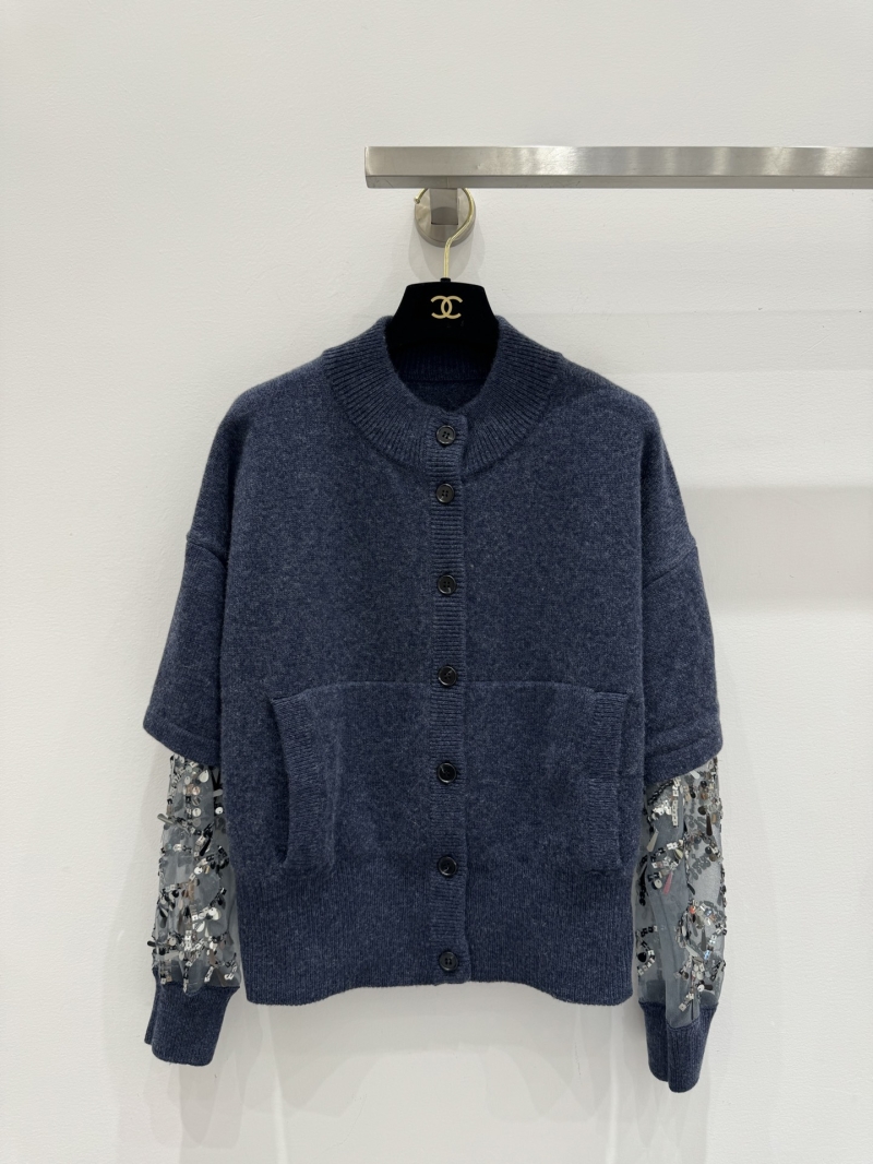 Brunello Cucinelli Oversized Knit Cardigan with Sequin Sleeves, Heathered Navy Blue, Luxe Relaxed Fit