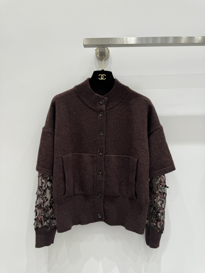Brunello Cucinelli Oversized Knit Cardigan, Mock Neck, Sequin Embellished Undersleeves, Deep Muted Brown