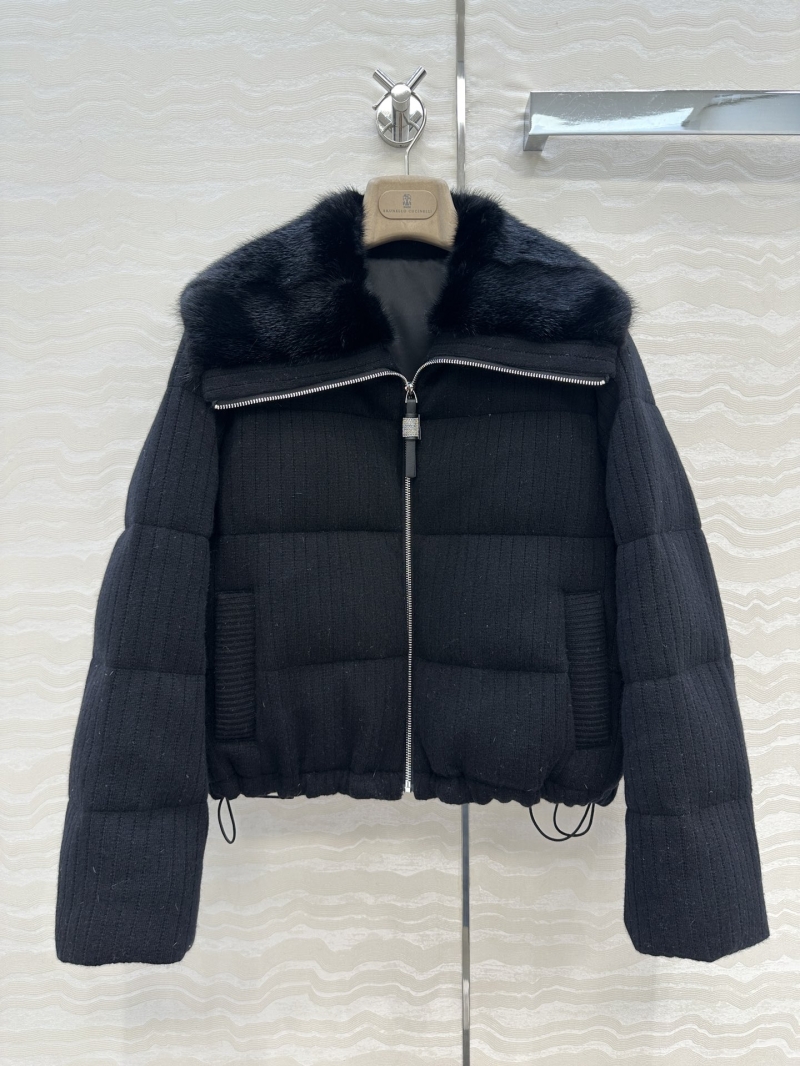 Brunello Cucinelli Old Money Style Water Mink Fur Collar Cashmere Wool Goose Down Coat