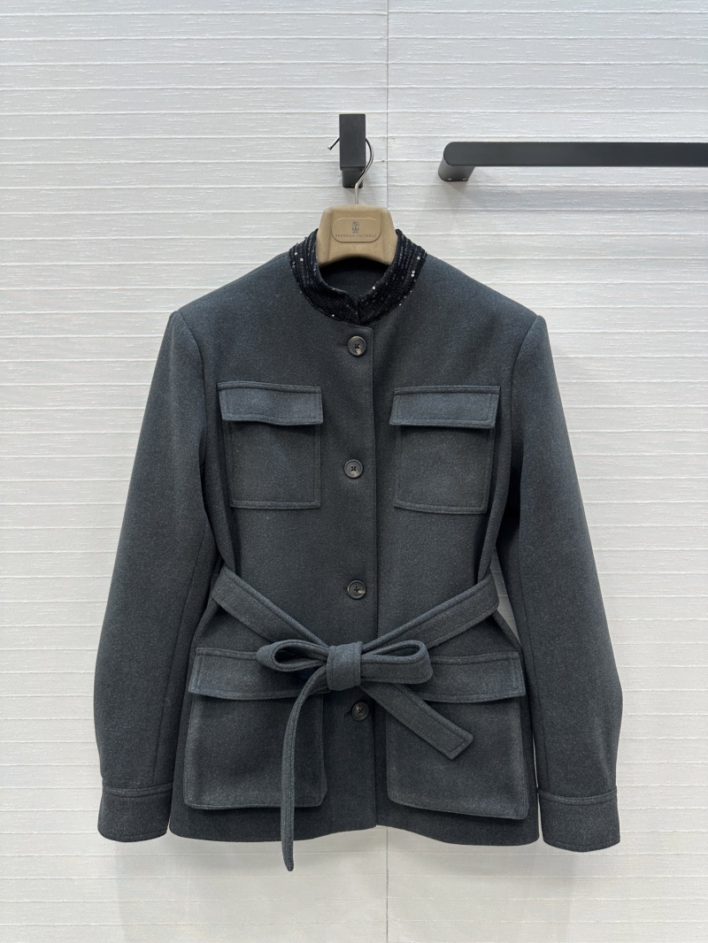 Brunello Cucinelli Wool-Blend Equestrian Belted Coat in Grey | Sequin Embellished Collar, Waist-Defining Belt, Timeless Outerwear