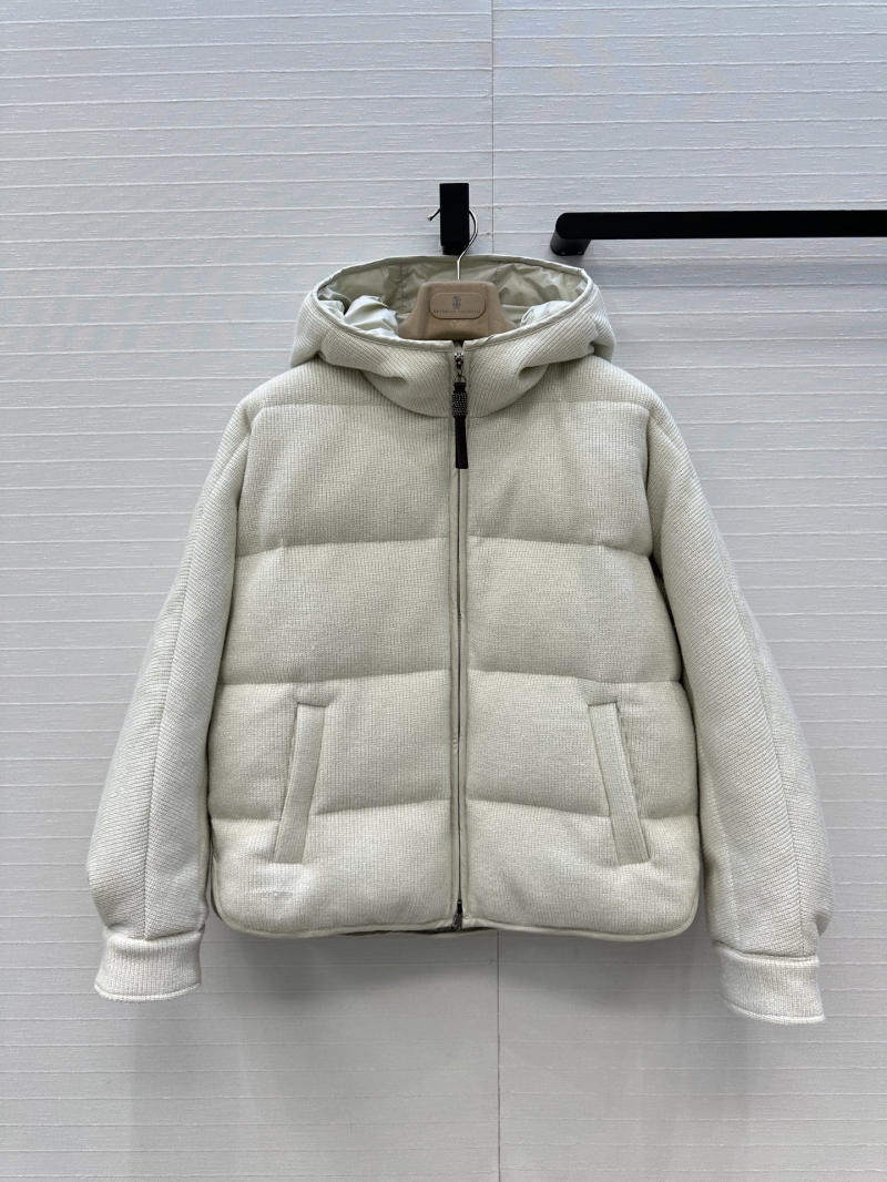 Brunello Cucinelli Knit Puffer Jacket - Luxe Shimmer Fabric, 90% White Duck Down, H-Line Hooded Coat
