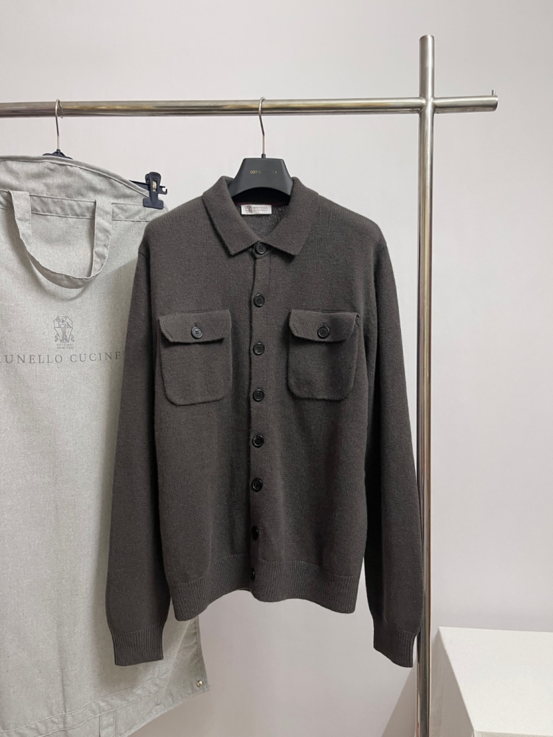 Brunello Cucinelli Charcoal Gray Ribbed Knit Cardigan with Collar and Button-Front Closure