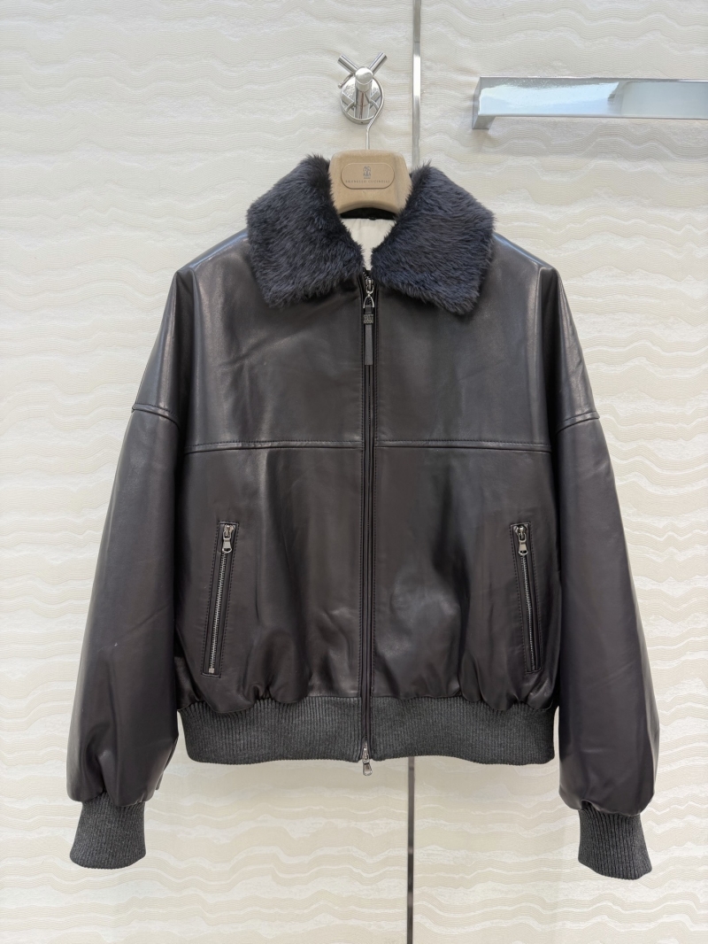 Brunello Cucinelli 100% Lambskin Leather and Silk Lined Removable Fur Collar Bomber Jacket in Ebony Brown