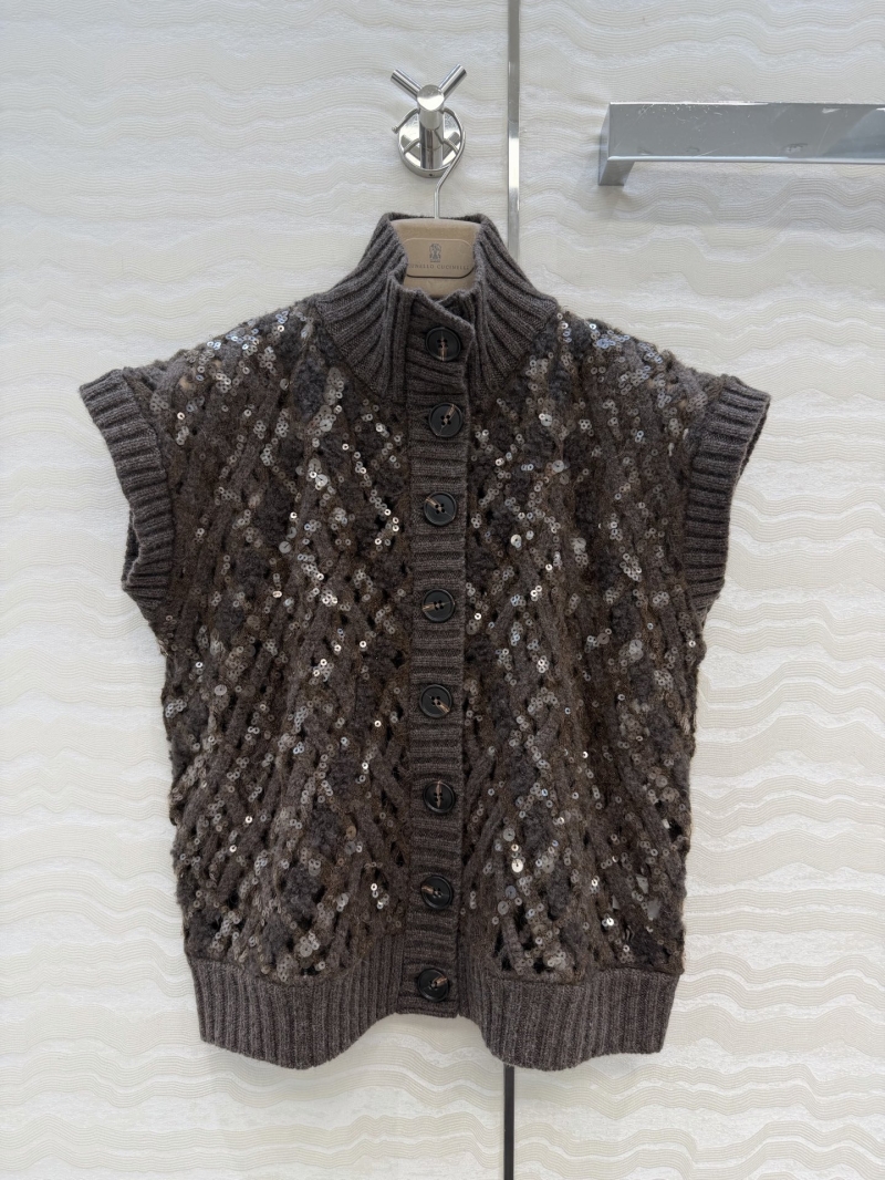 Brunello Cucinelli Chocolate Alpaca and Mohair Blend Sequin Knit Vest, Openwork Crochet, Italian Minimalist Luxury, Textured Waistcoat