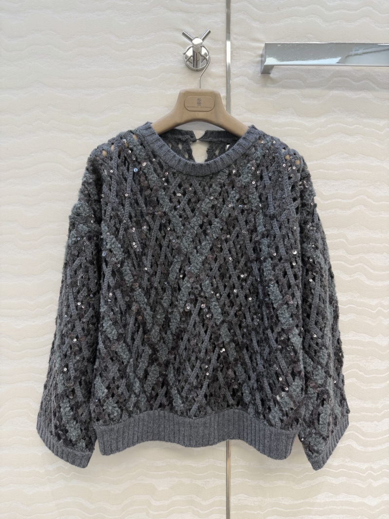 Brunello Cucinelli Cashmere & Alpaca Blend Sequin Embellished Open-Knit Sweater Grey