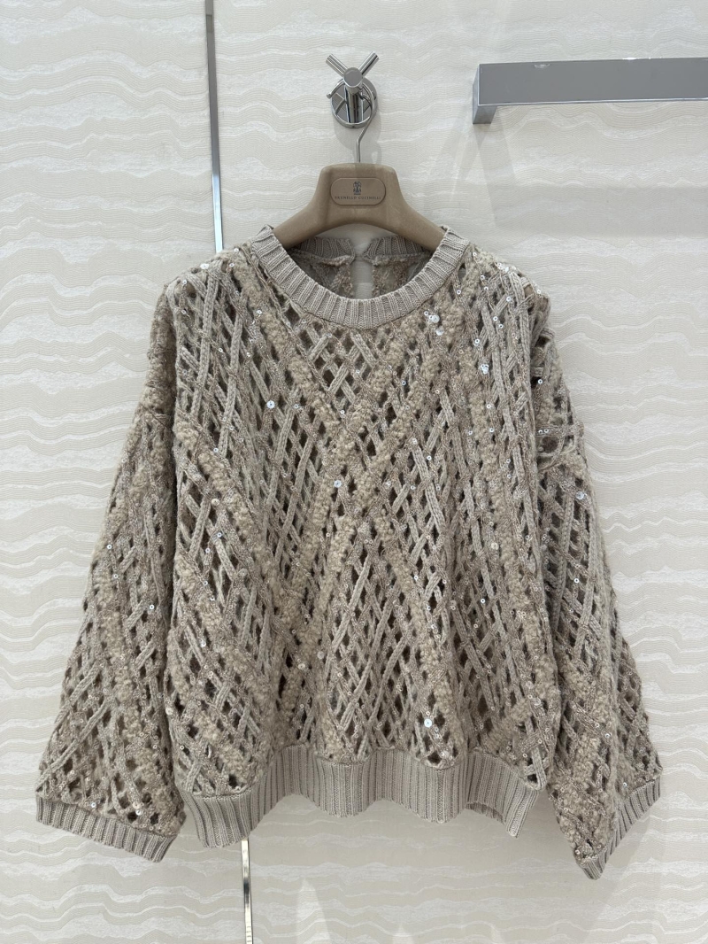 Brunello Cucinelli Alpaca-Mohair Blend Sequin Embellished Open-Knit Sweater Taupe