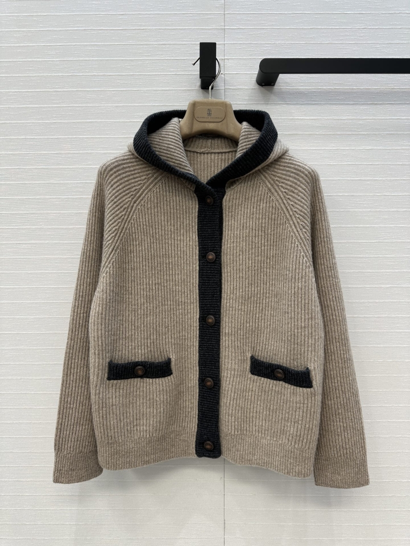 Brunello Cucinelli Sumptuous Cashmere Color-Block Ribbed Knit Hooded Cardigan
