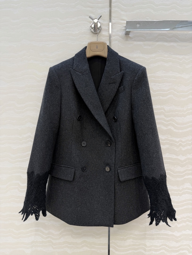 Brunello Cucinelli Tailored Black Wool & Cashmere Blazer with Couture Mohair Embroidery Sleeves