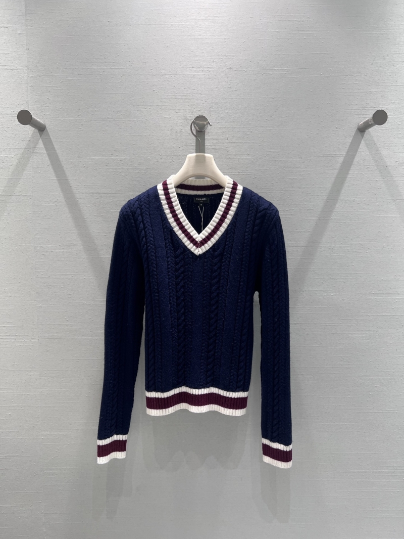 Chanel Limited Edition Autumn Winter 2025 V-Neck Cable Knit Sweater in Navy Blue - Collegiate Style with Burgundy and White Accents